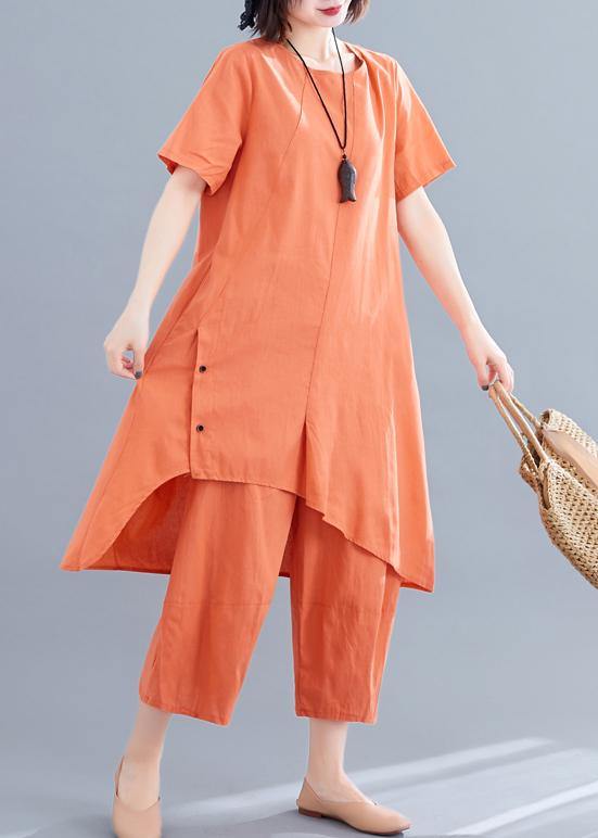 Korean Version of the Loose Large Size Orange Irregular Tops + Pants Cotton and Linen