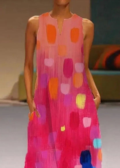 ' Red V-neck Printed Sleeveless Maxi Dress