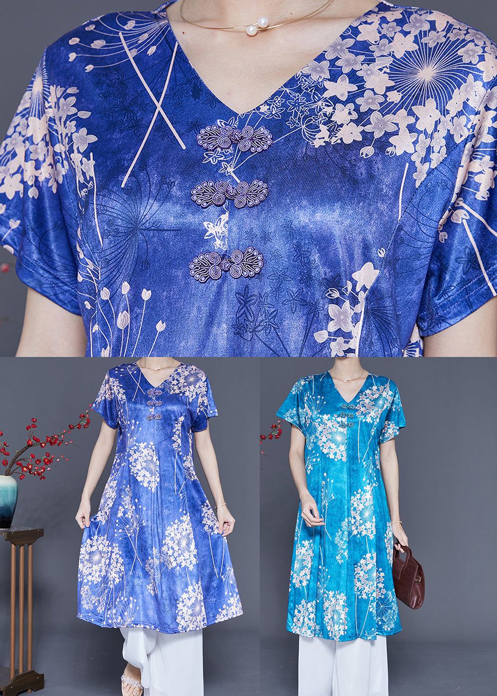 Lake Blue Print Silk a Line Dress Chinese Button Summer