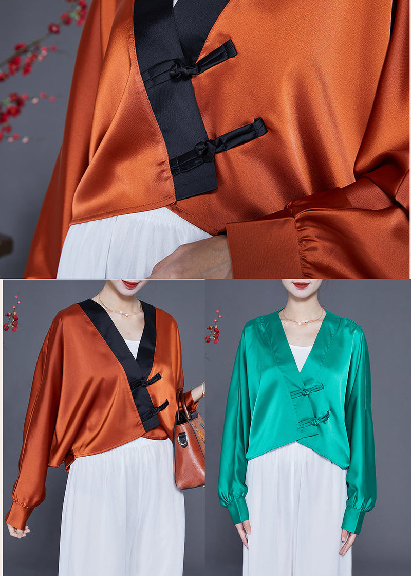 Lake Green Oversized Silk Blouses V Neck Chinese Button Spring