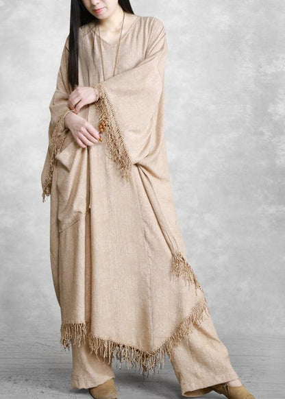Khaki Silk Linen Jacquard Tassel Dress Two Piece Set