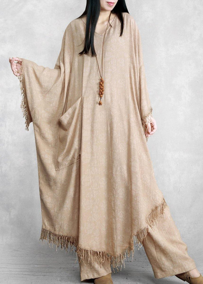 Khaki Silk Linen Jacquard Tassel Dress Two Piece Set