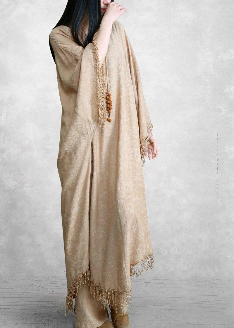 Khaki Silk Linen Jacquard Tassel Dress Two Piece Set