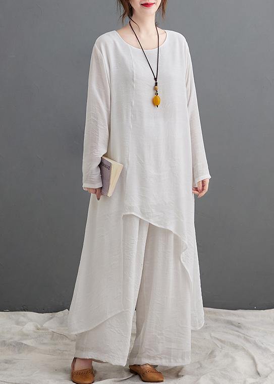 Large Size Loose Art Long White Top Wide Leg Pants Two Piece Suit for