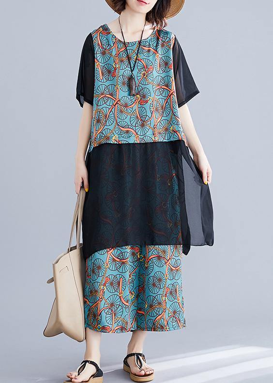 Large Size Covered Belly Wearing Wide-leg Pants Blue Two-piece