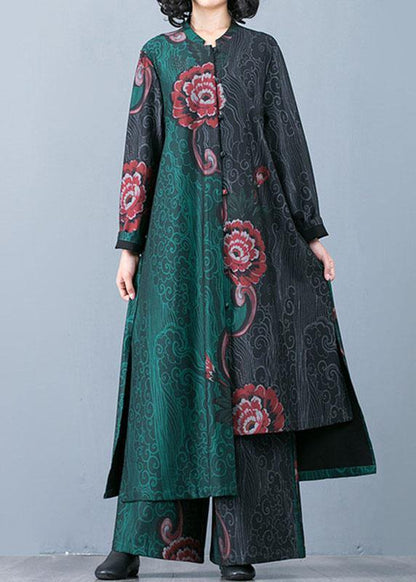Large Size Long Section Cardigan Top Loose Wide Leg Pants Retro Green Print Two-piece Suit