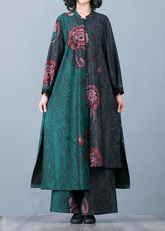 Large Size Long Section Cardigan Top Loose Wide Leg Pants Retro Green Print Two-piece Suit