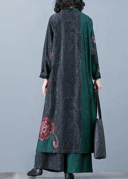 Large Size Long Section Cardigan Top Loose Wide Leg Pants Retro Green Print Two-piece Suit