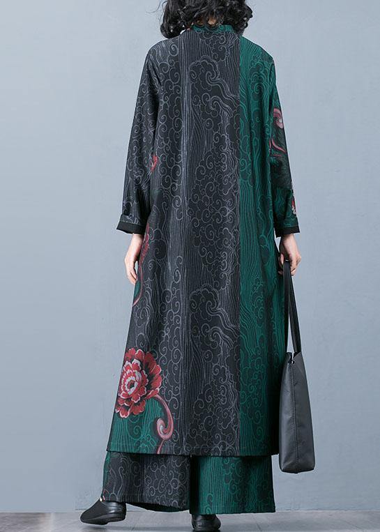 Large Size Long Section Cardigan Top Loose Wide Leg Pants Retro Green Print Two-piece Suit