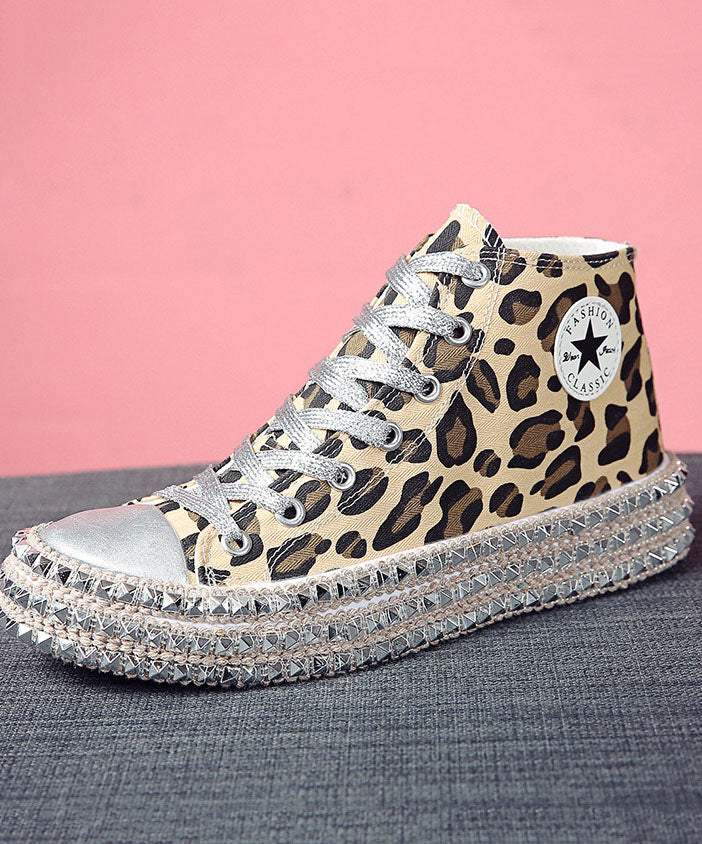 Leopard Print Flat Shoes for Rivet Cross Strap Splicing Flat Shoes for