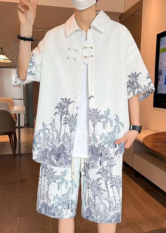 Light Apricot Print Shirt and Shorts Two Pieces Set Short Sleeve