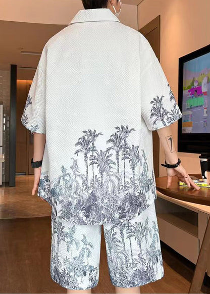 Light Apricot Print Shirt and Shorts Two Pieces Set Short Sleeve