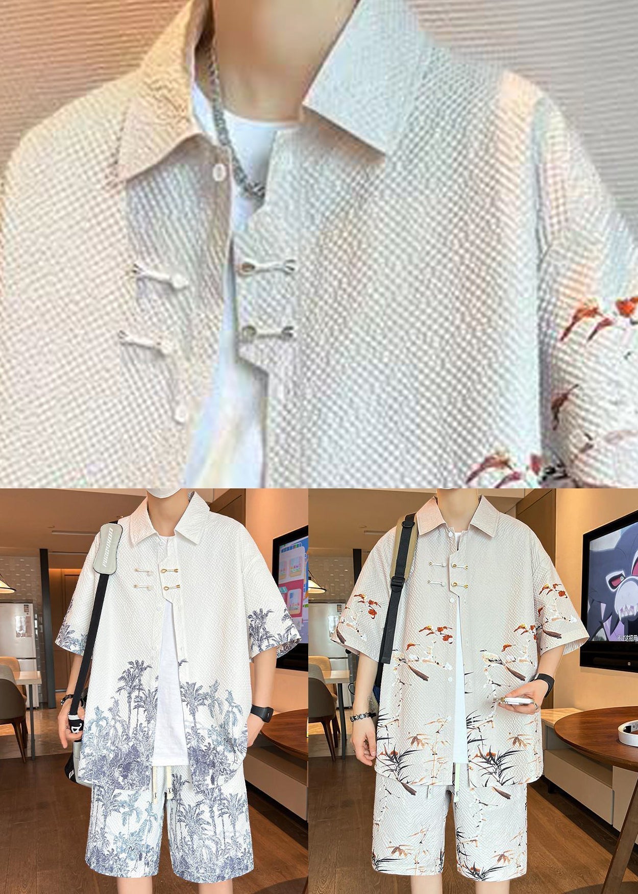 Light Apricot Print Shirt and Shorts Two Pieces Set Short Sleeve