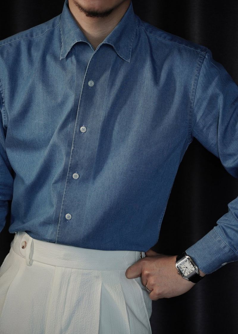 Light Blue Button Denim Shirts Peter Pan Collar Long Sleeve