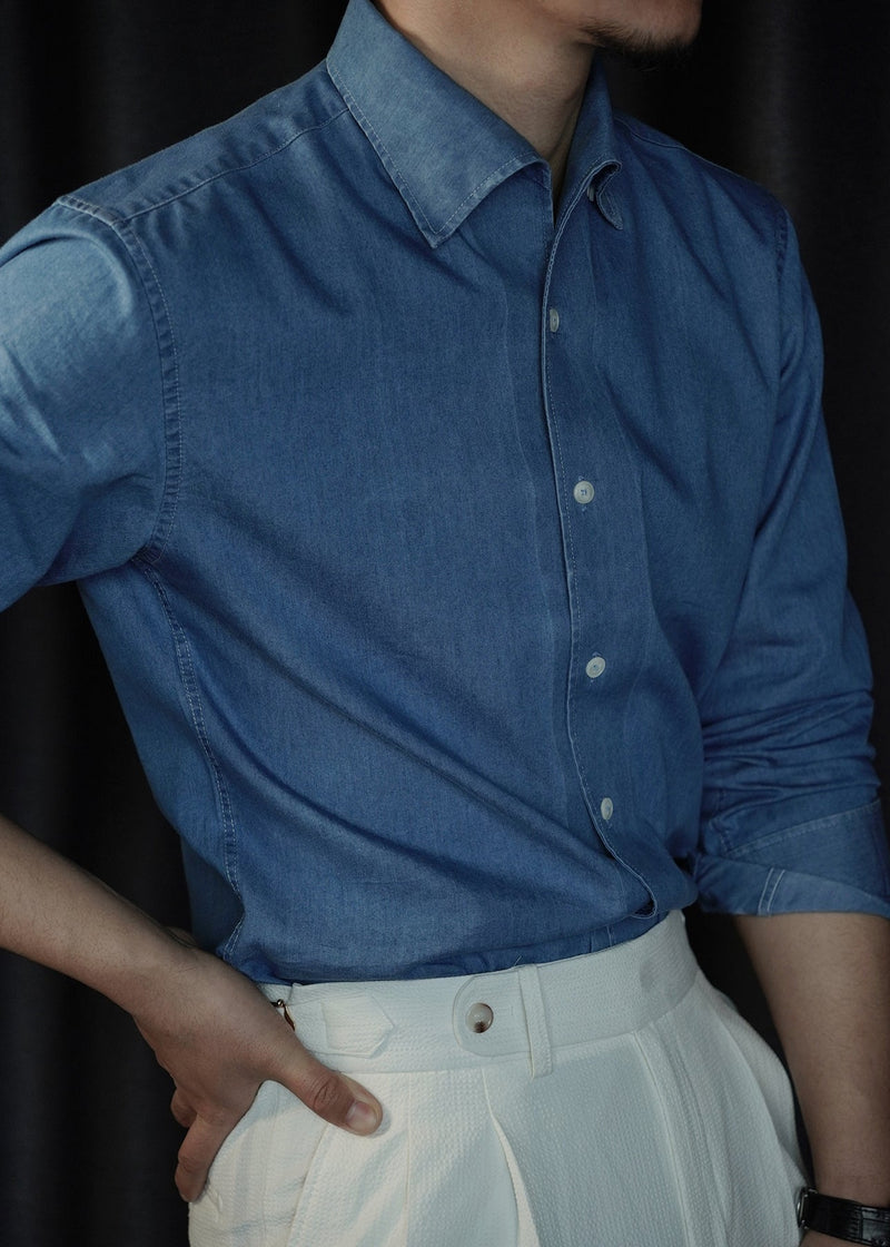 Light Blue Button Denim Shirts Peter Pan Collar Long Sleeve