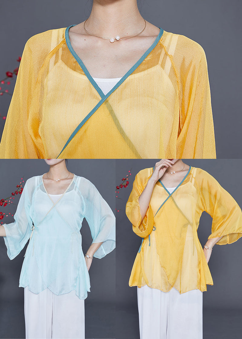 Light Blue Chiffon Upf 50+ Top V Neck Lace Up Bracelet Sleeve