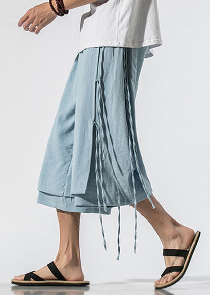 Light Blue Elastic Waist Tassel Crop Pants Summer