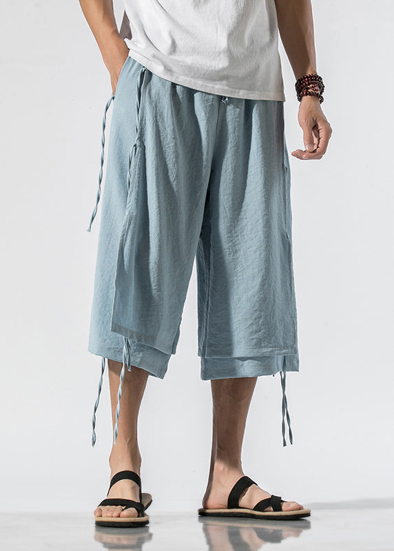 Light Blue Elastic Waist Tassel Crop Pants Summer