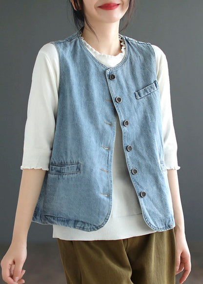 Light Blue O-neck Button Denim Waistcoat Fall