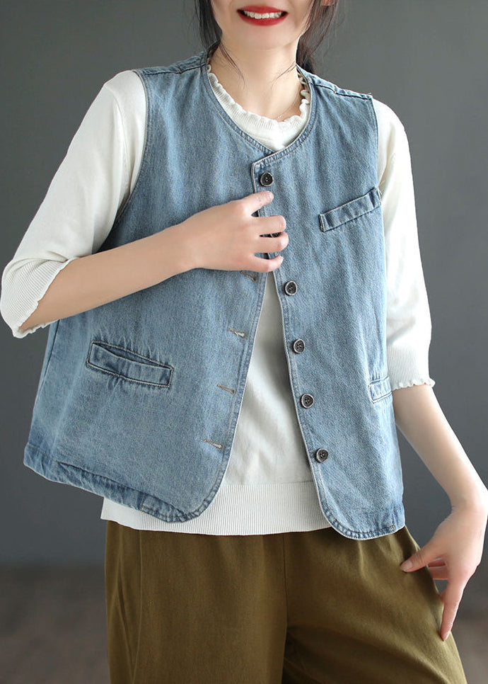 Light Blue O-neck Button Denim Waistcoat Fall