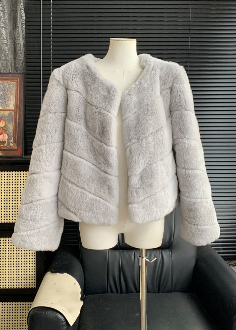 Light Blue Rabbit Hair Leather and Fur Coats Winter