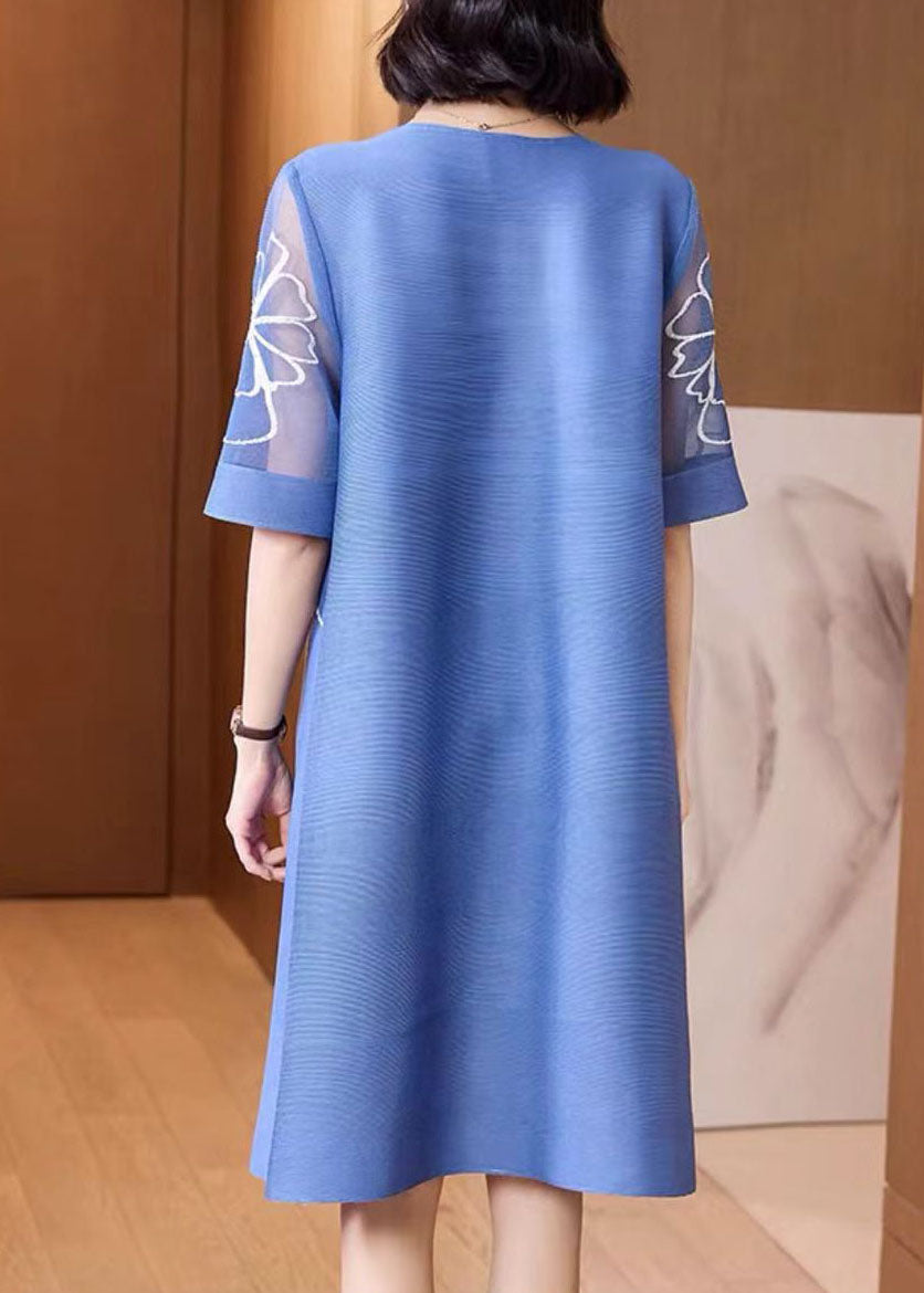 Light Blue Tulle Patchwork Silk Holiday Dress O-neck Short Sleeve