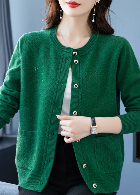 Light Camel Pockets Patchwork Wool Cardigans O-neck Button Fall