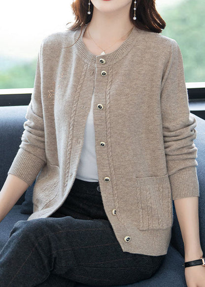 Light Camel Pockets Patchwork Wool Cardigans O-neck Button Fall