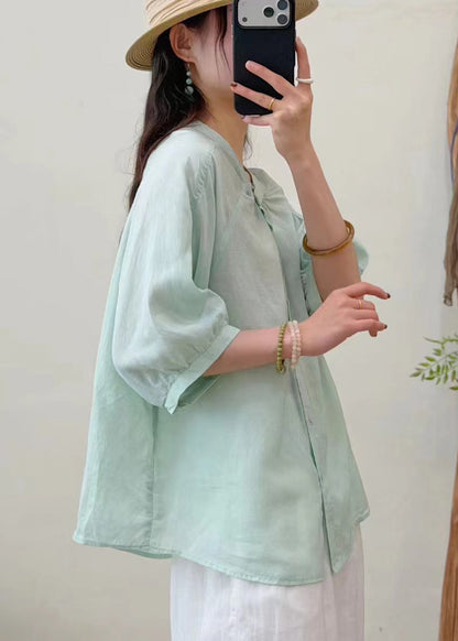 Light Green Linen Top Oversized Wrinkled Half Sleeve