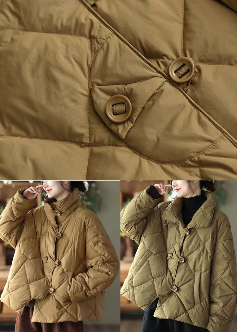 Light Green Loose Duck Down Jacket in Winter Stand Collar Button Winter