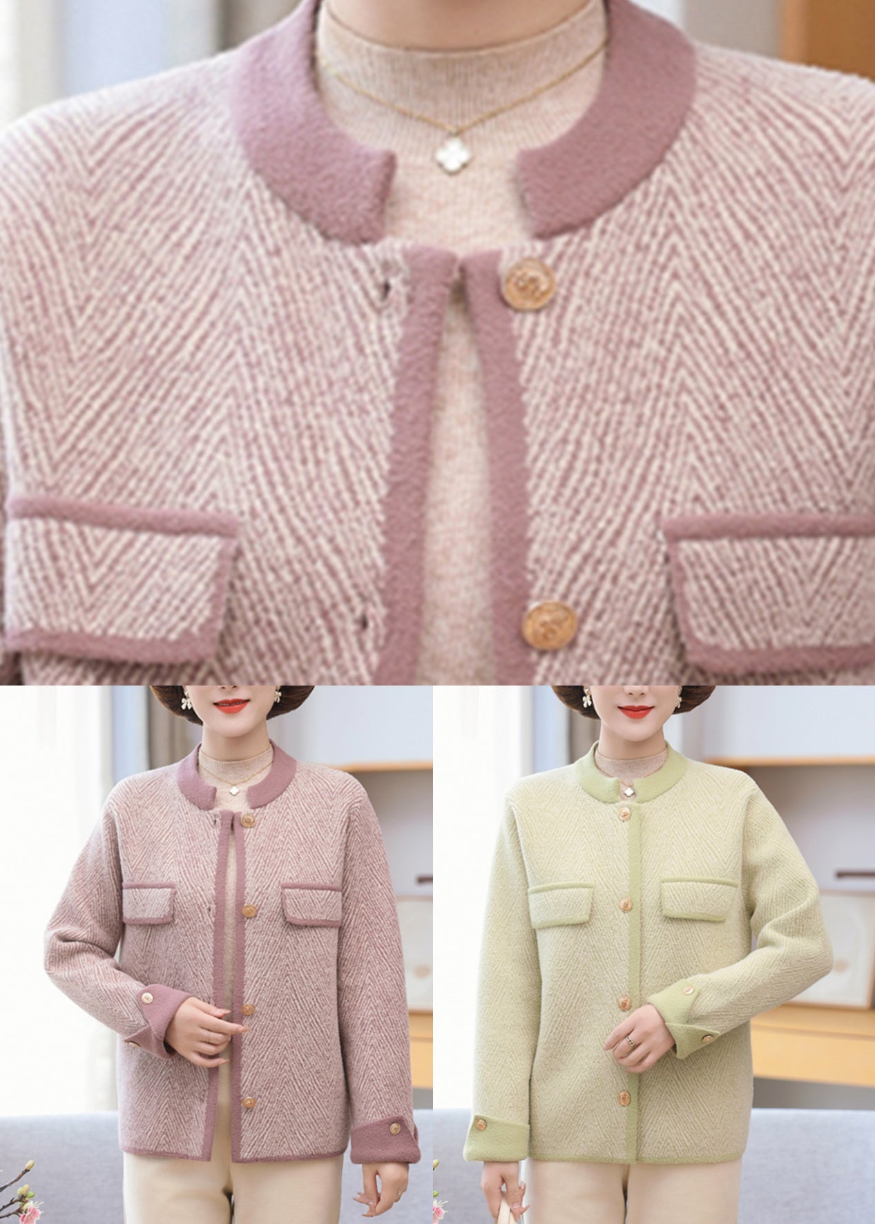 Light Green O-neck Button Mink Hair Knitted Cardigans Fall