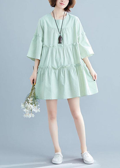 Light Green O-neck Ruffles Summer Cotton Vacation Dresses
