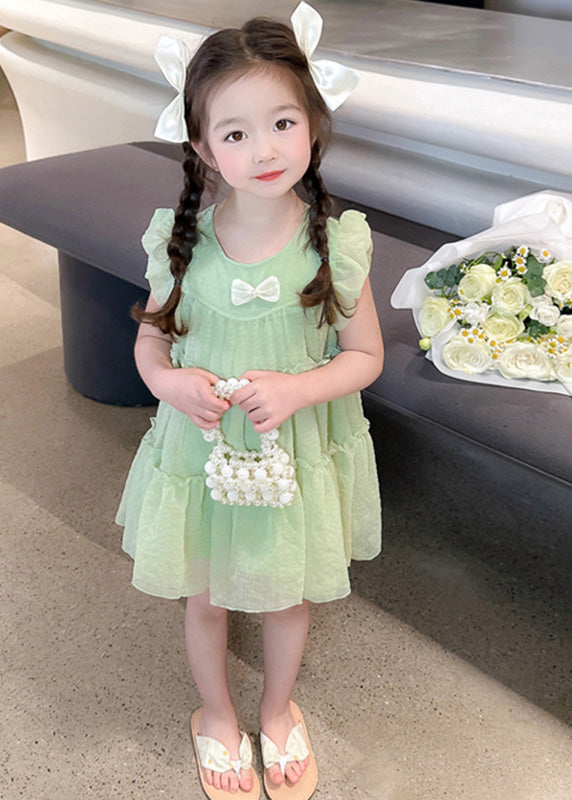 Light Green O-neck Tulle Mid Dresses Short Sleeve