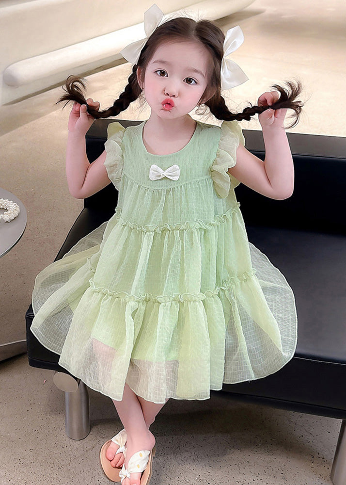 Light Green O-neck Tulle Mid Dresses Short Sleeve