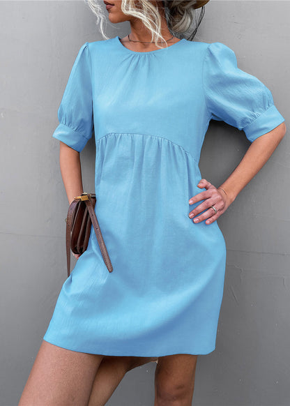 Light Green O-neck Wrinkled Long Dress Short Sleeve
