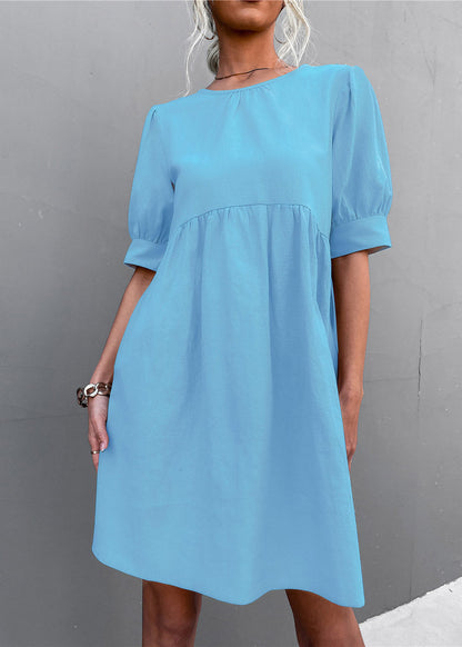 Light Green O-neck Wrinkled Long Dress Short Sleeve