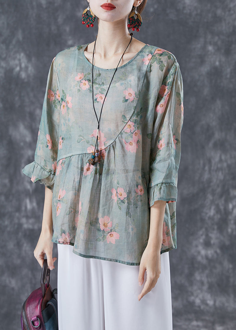 Light Green Patchwork Linen Shirt Tops O-neck Print Bracelet Sleeve