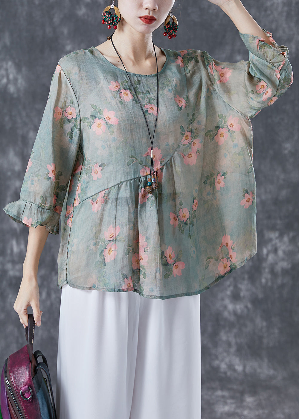 Light Green Patchwork Linen Shirt Tops O-neck Print Bracelet Sleeve