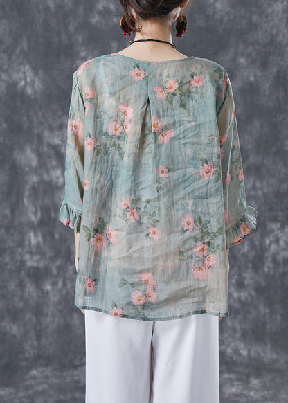 Light Green Patchwork Linen Shirt Tops O-neck Print Bracelet Sleeve