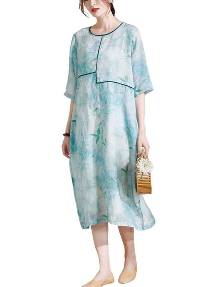 Light Green Patchwork Print Summer Ramie Dresses Half Sleeve