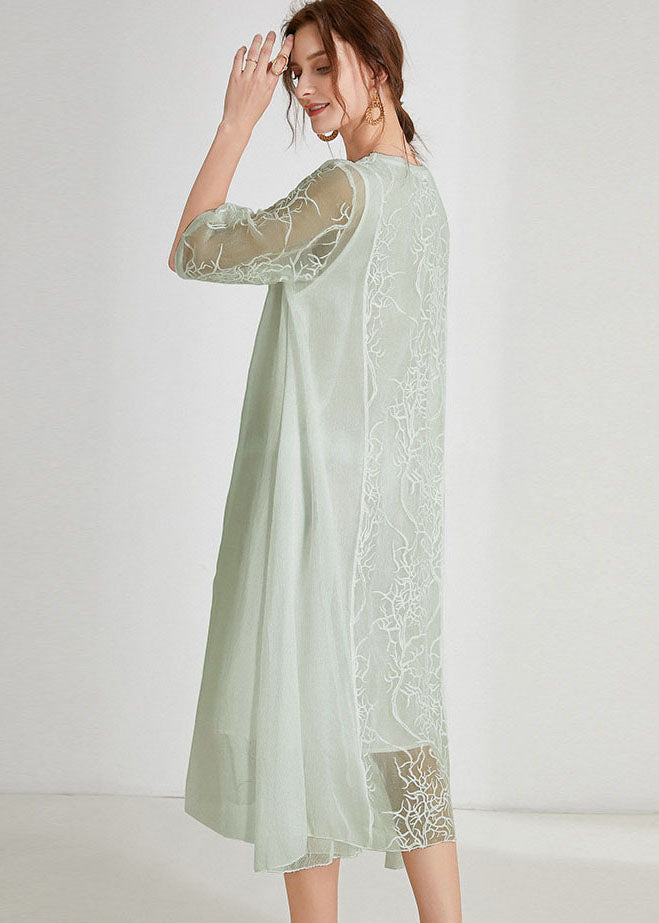 Light Green Asymmetrical Design Chiffon Dress Embroideried Half Sleeve
