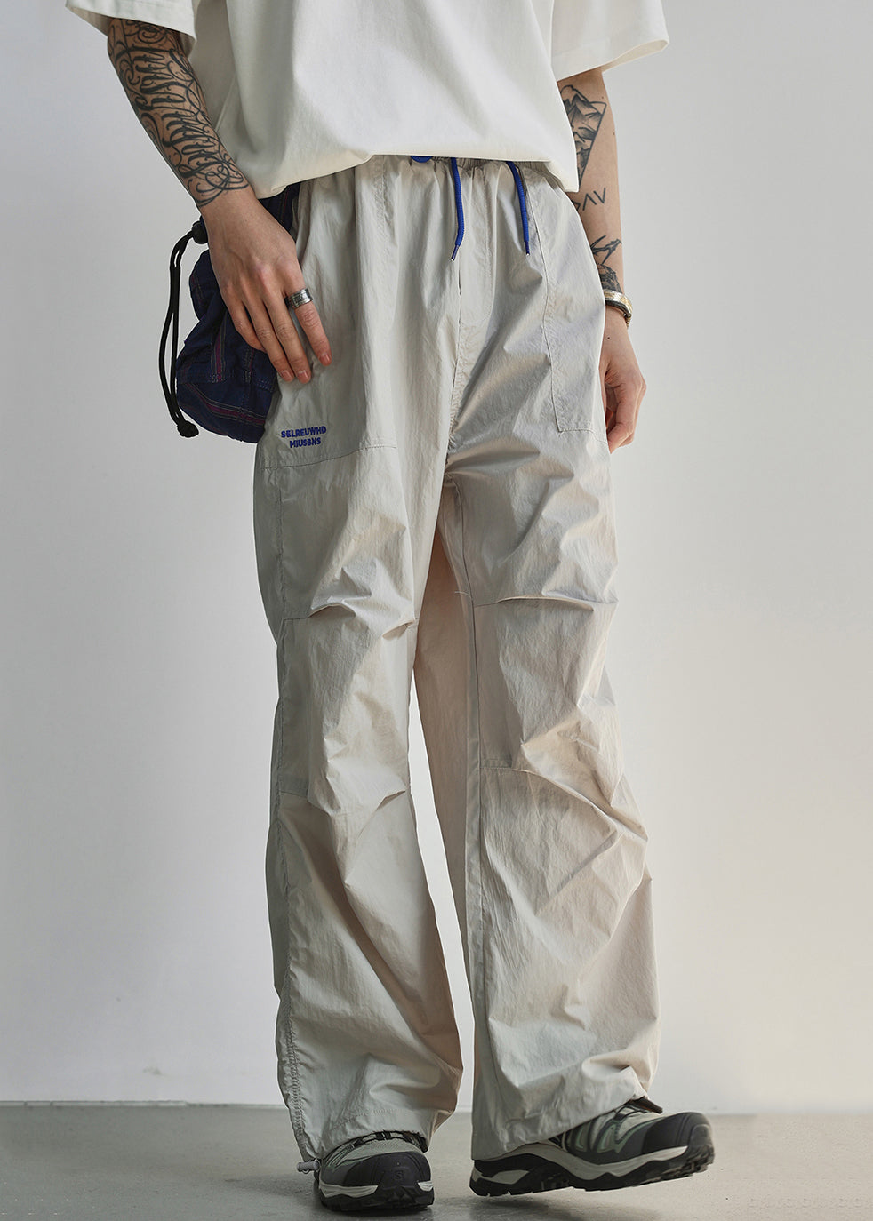 Light Grey Pockets Cotton Summer Pants Elastic Waist