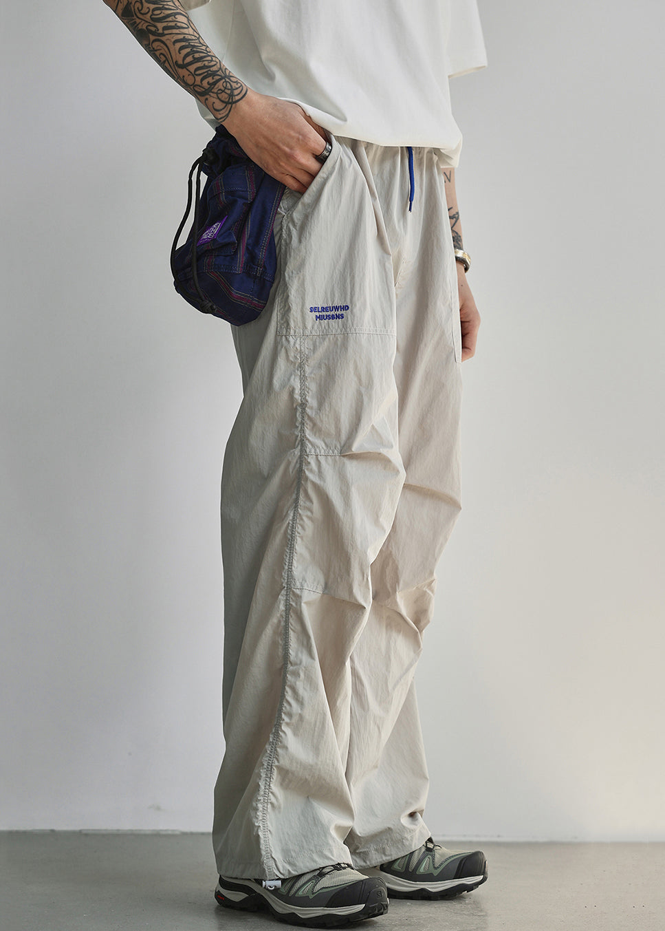Light Grey Pockets Cotton Summer Pants Elastic Waist