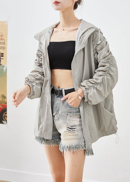 Light Grey Upf 50+ Coats Oversized Wrinkled Drawstring Fall