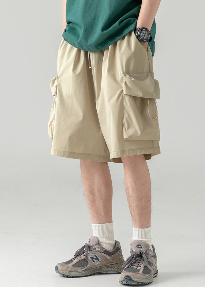 Light Khaki Drawstring Cotton Summer Shorts Elastic Waist