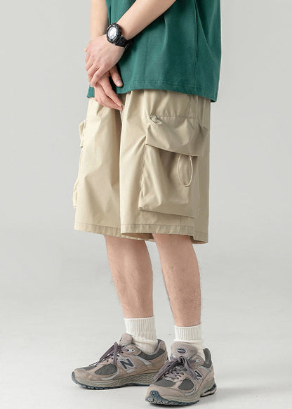 Light Khaki Drawstring Cotton Summer Shorts Elastic Waist