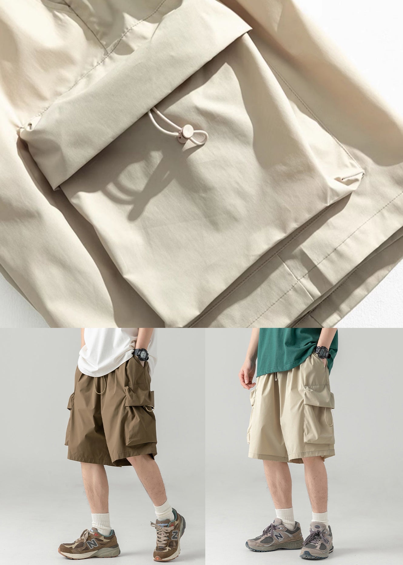 Light Khaki Drawstring Cotton Summer Shorts Elastic Waist