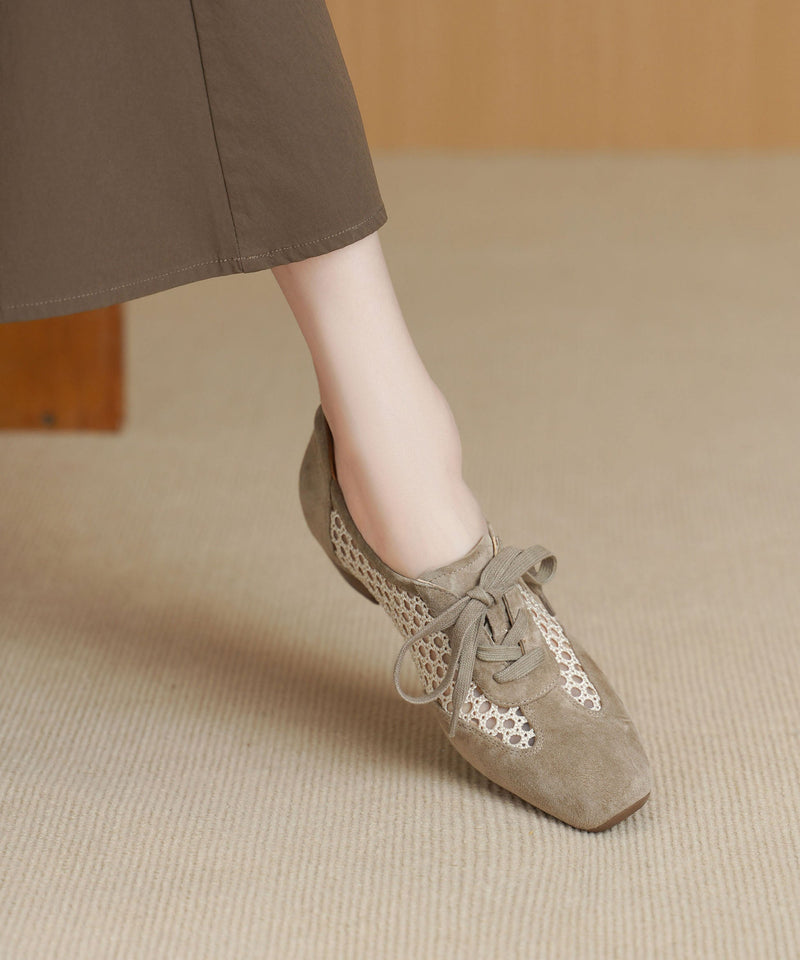 Light Khaki Hollow Out Splicing Chunky Shoes Lace Up