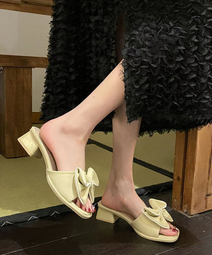 Light Yellow Chunky Faux Leather Splicing Bow Slide Sandals