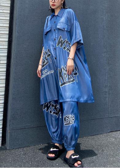Lightweight and Cool Summer Blue Suit Short Sleeve + Pants Two-pieces